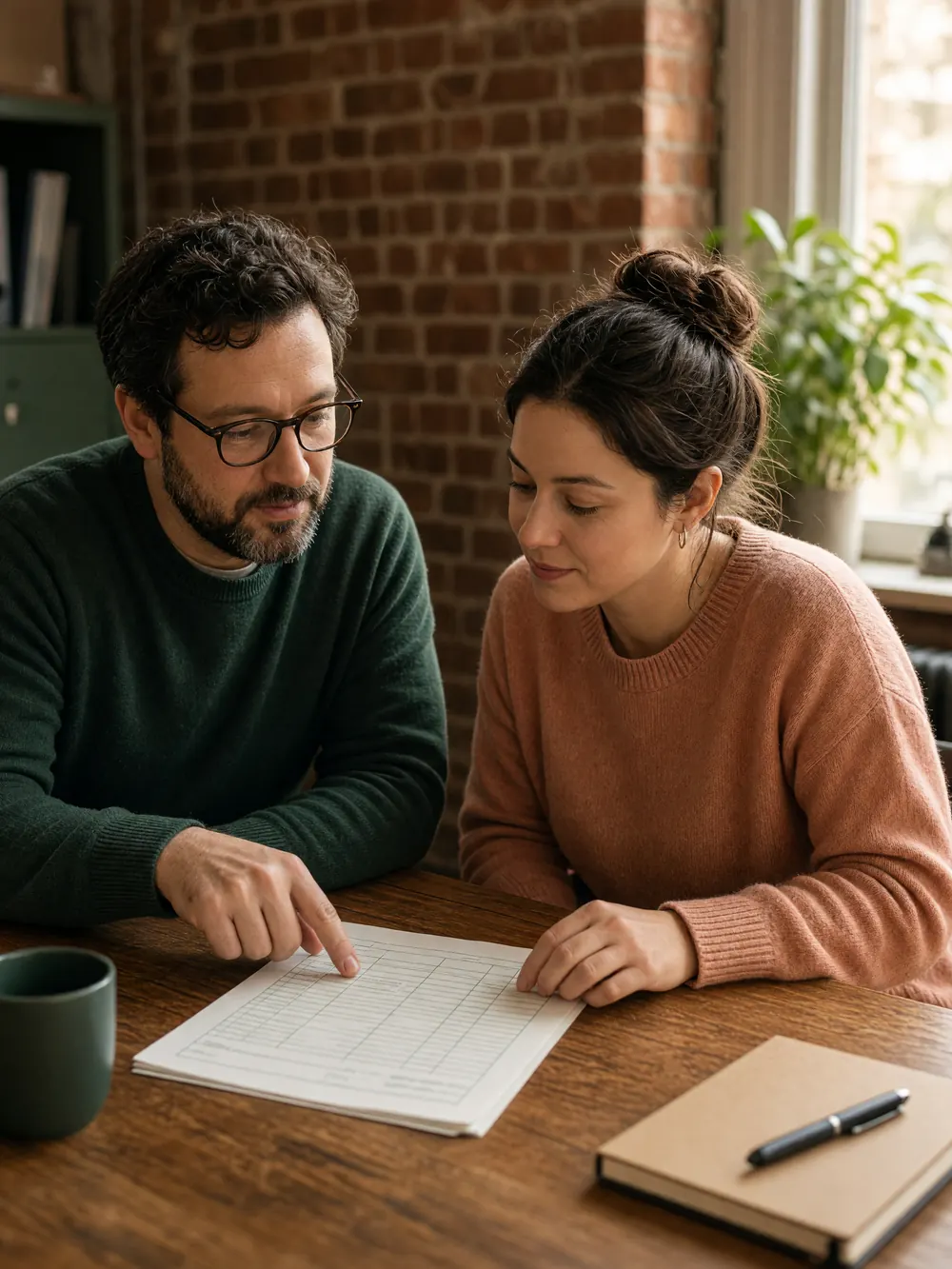 An accountant and a client go through a printed ledger together at a wooden desk in an office with a brick wall