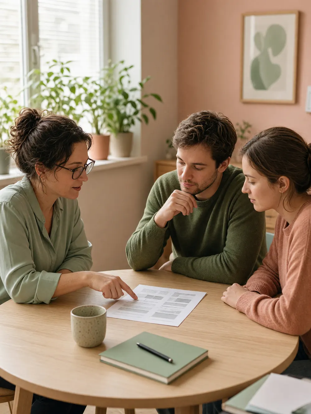 A bookkeeper talks a young couple through a printed page at a round table by a window full of plants