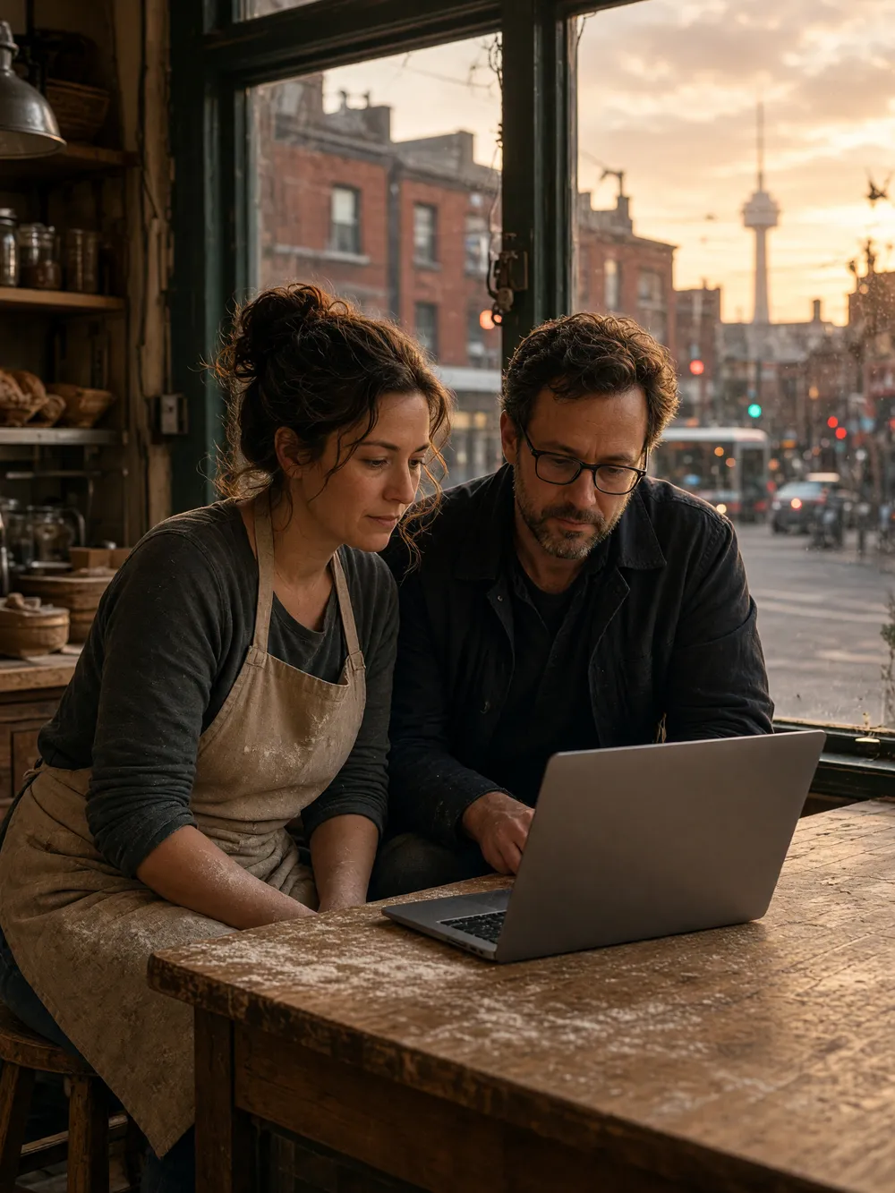 A shop owner in an apron and a man in glasses read a laptop together at a wooden counter, with a city street in the window
