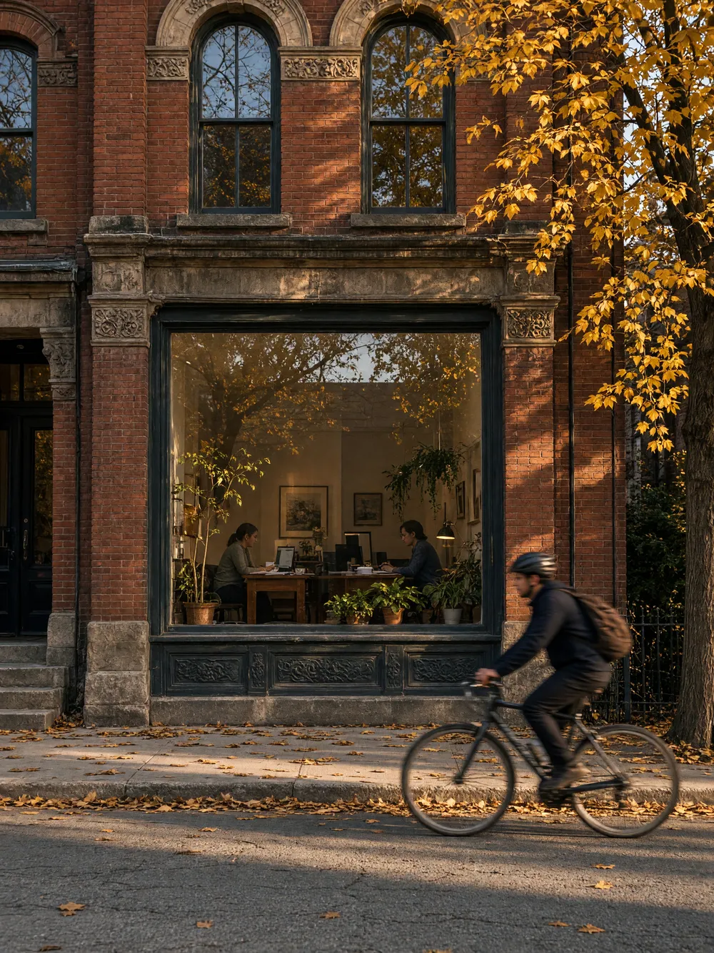 A brick building with a large front window and a cyclist passing on a leaf-covered street in autumn light